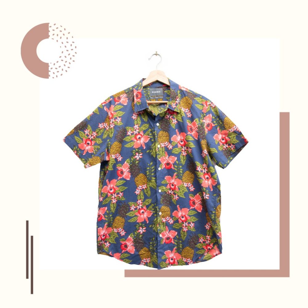 Bonobos Pineapple and Orchid Print Hawaiian Shirt